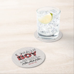 It's A Boy! Rustic Plaid Lumberjack Baby Shower Round Paper Coaster
