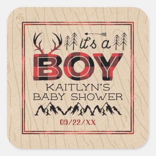 Its A Boy Rustic Plaid Lumberjack Baby Shower Square Sticker