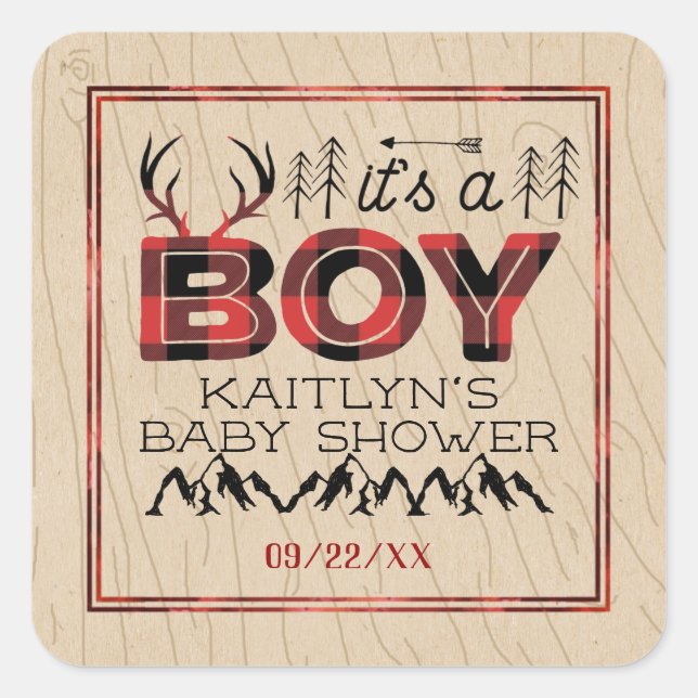 It's A Boy! Rustic Plaid Lumberjack Baby Shower Square Sticker (Front)