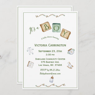 Its a Boy Rustic Watercolor Baby Invitation