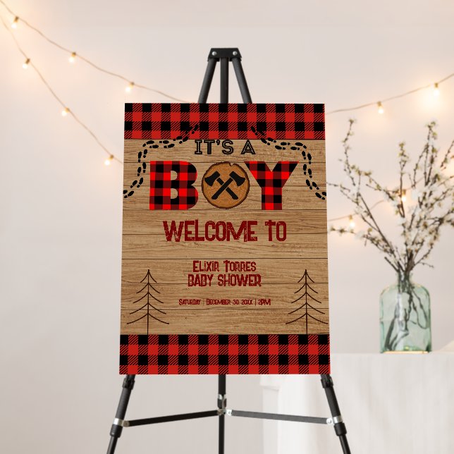It's a boy Rustic Wood Plaid Baby Shower Foam Board (In Situ (Stand))