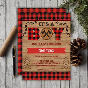 It's a boy Rustic Wood Plaid Baby Shower Invitation