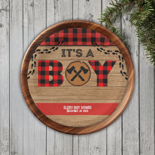 It's a boy Rustic Wood Plaid Baby Shower Paper Plates