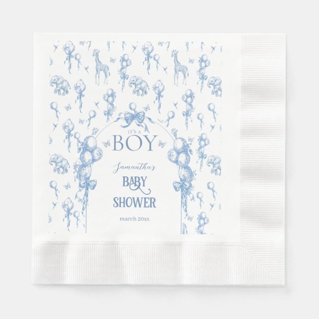 It's a Boy Safari Animal Blue Balloon Baby Shower Napkins (Front)