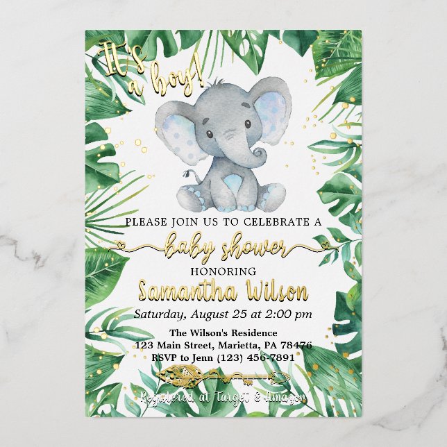 It's a Boy Safari Elephant Baby Shower Real Foil I Invitation (Front)