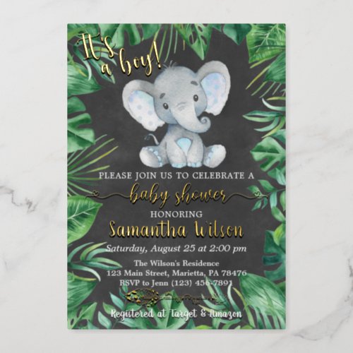 Its a Boy Safari Elephant Baby Shower Real Foil Invitation