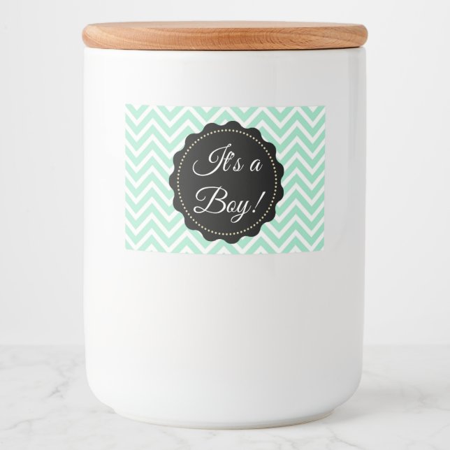 Its a boy Sage Green  Baby Shower Glass Mason Jar Food Label (Front)