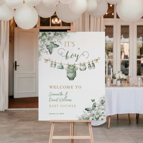It's a Boy Sage Green Butterfly Floral Welcome
