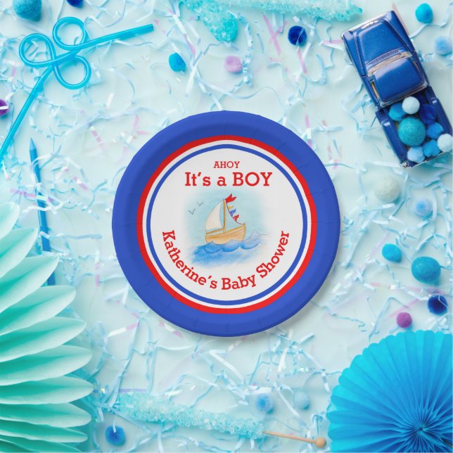 It's a boy sail boat baby shower customized plate (Party)