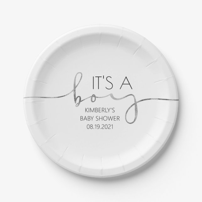 It's A Boy Silver Script Baby Shower Modern Paper Plates (Front)