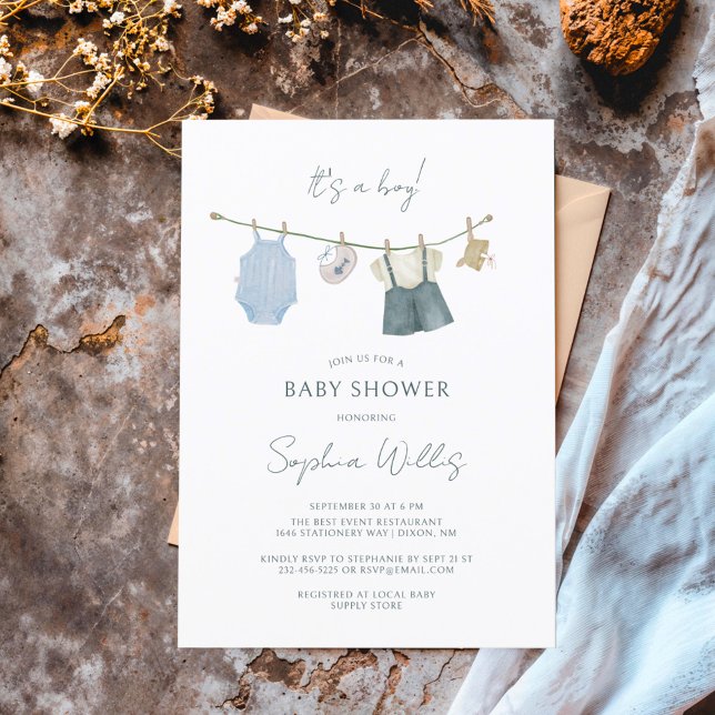 Its a Boy Simple Clothes Watercolor Baby Shower Invitation (Creator Uploaded)