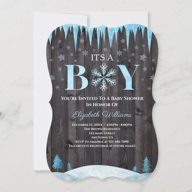 It's A Boy Snowflake Wood Winter Baby Shower Invitation (Front)