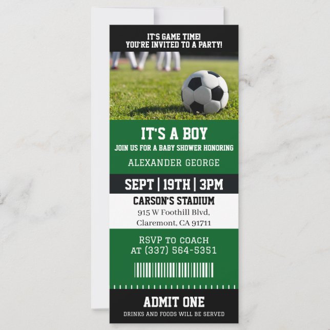 It's A Boy Soccer Baby Shower Ticket Invitation (Front)