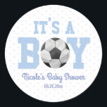 It's A Boy! Soccer Ball Baby Shower Party Favor Classic Round Sticker<br><div class="desc">These are soccer ball themed party favor stickers with a blue polka dot design. It's a boy! The design is simple and minimal.</div>