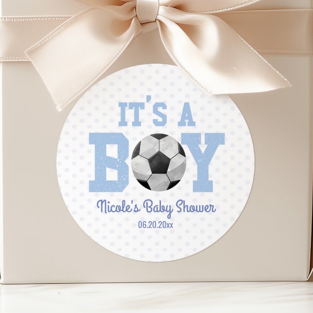 It's A Boy! Soccer Ball Baby Shower Party Favor Classic Round Sticker (Creator Uploaded)