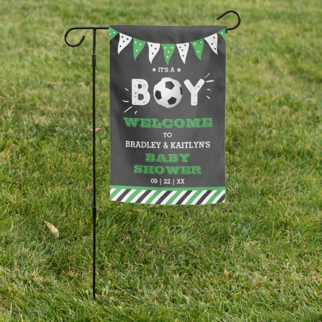 It's A Boy! Soccer Themed Baby Shower Welcome Garden Flag (In SItu)