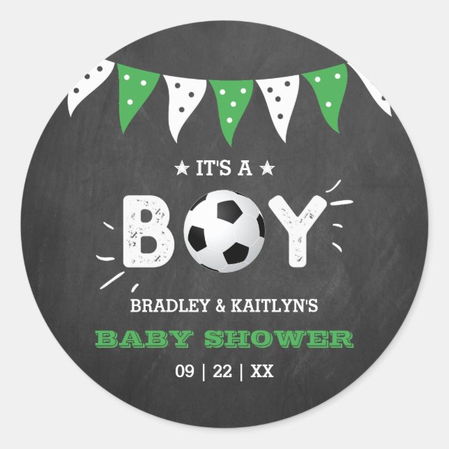 It's A Boy! Soccer Themed Co-ed Baby Shower Classic Round Sticker (Front)