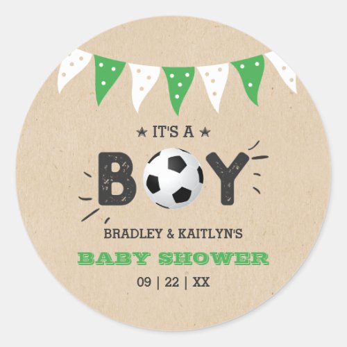 Its A Boy Soccer Themed Co_ed Baby Shower Classic Round Sticker