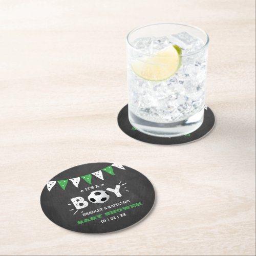 Its A Boy Soccer Themed Co_ed Baby Shower Round Paper Coaster