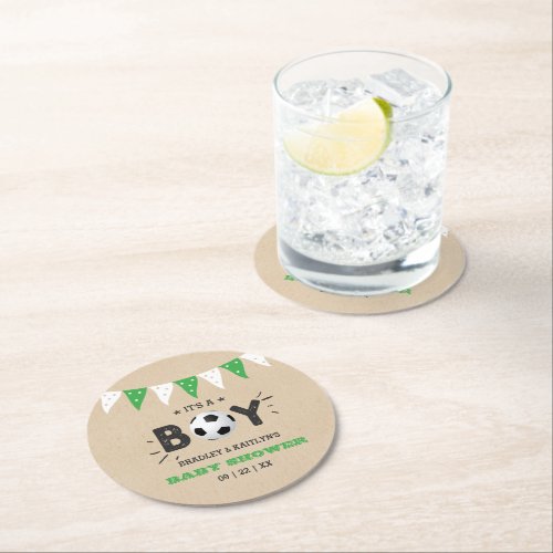 Its A Boy Soccer Themed Co_ed Baby Shower Round Paper Coaster