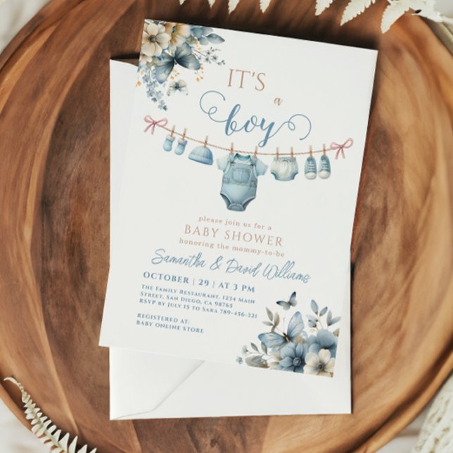 It's a Boy Soft Blue Floral Elegant Baby Shower  Invitation (Creator Uploaded)