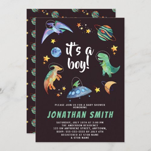 Its a Boy Space Dinosaur Galaxy Baby Shower Party Invitation
