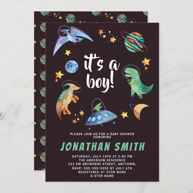 It's a Boy Space Dinosaur Galaxy Baby Shower Party Invitation (Front/Back)