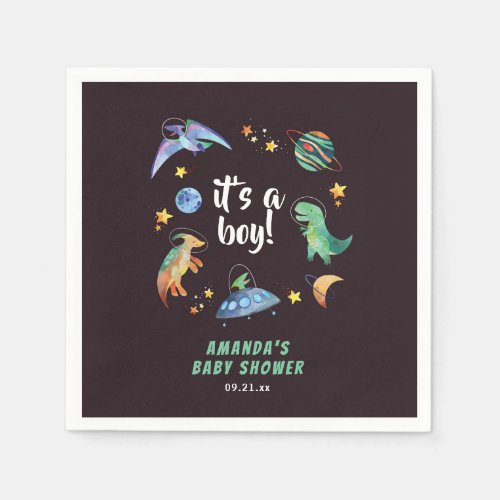 It's a Boy Space Dinosaur Galaxy Baby Shower Party Napkins