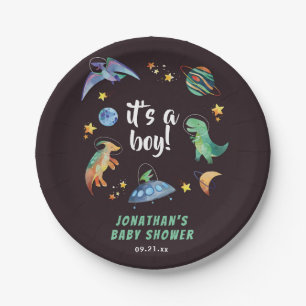 It's a Boy Space Dinosaur Galaxy Baby Shower Party Paper Plates