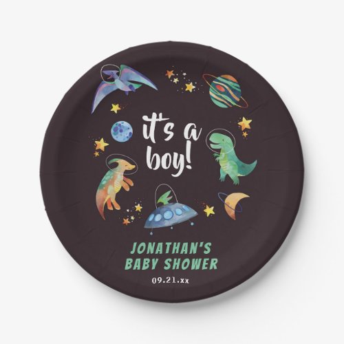 Its a Boy Space Dinosaur Galaxy Baby Shower Party Paper Plates