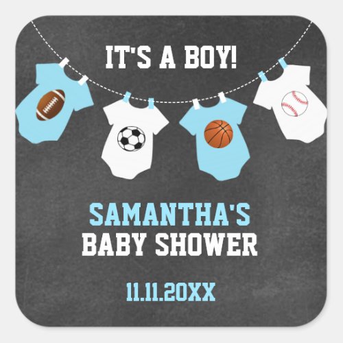 ITS A BOY Sports Theme Baby Shower Chalkboard Boy Square Sticker