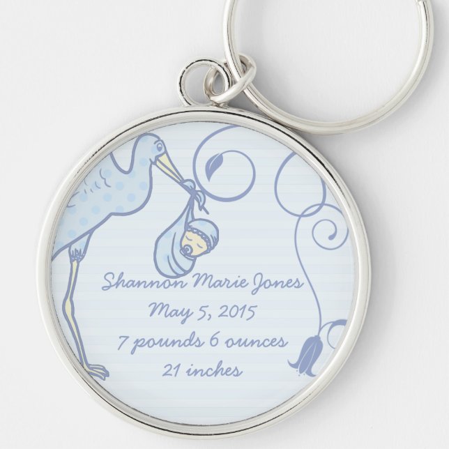 It's a Boy Stats Cute Stork Announcement Keychain (Front)