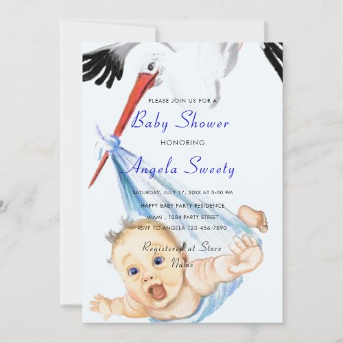 Its a Boy Stork and Baby Boy Shower Invitation