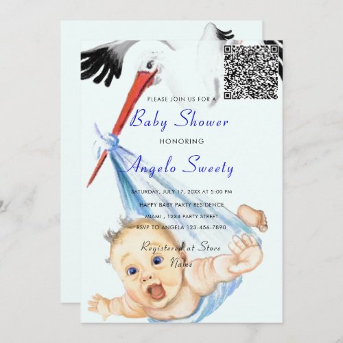 Its a Boy Stork Baby QR Code Shower Invitation