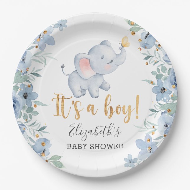 It's a Boy! Sweet Elephant Baby Shower Party  Paper Plates (Front)