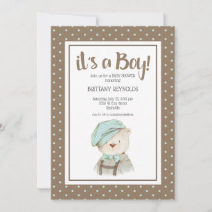 It's a Boy Tan Polka Dot Teddy Bear Baby Shower Invitation