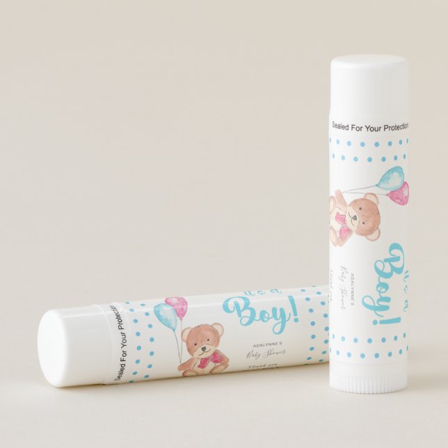 It's a Boy Teddy Bear Baby Shower Cute Blue dots Lip Balm (Front)