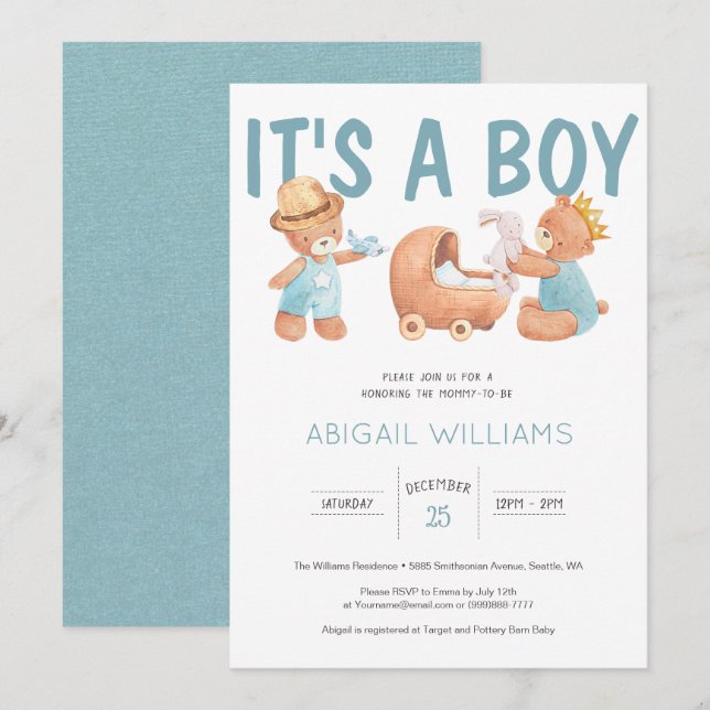 It's a Boy Teddy Bear Baby Shower Invitation (Front/Back)