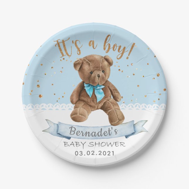 It's a boy! Teddy Bear Baby Shower Paper Plates (Front)
