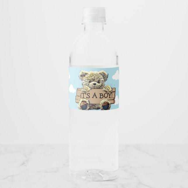 It's a Boy, Teddy Bear Baby Shower Water Bottle Label (Front)