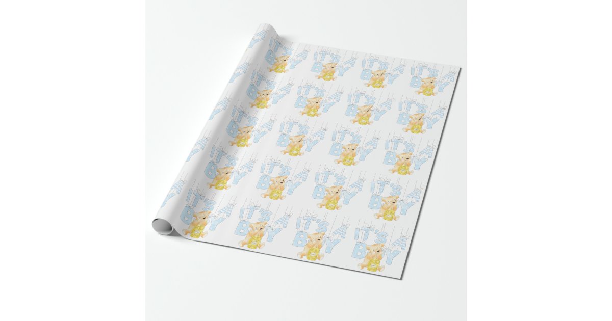 Cute Blue Teddy Bear Balloons Baby Boy Shower Wrapping Paper