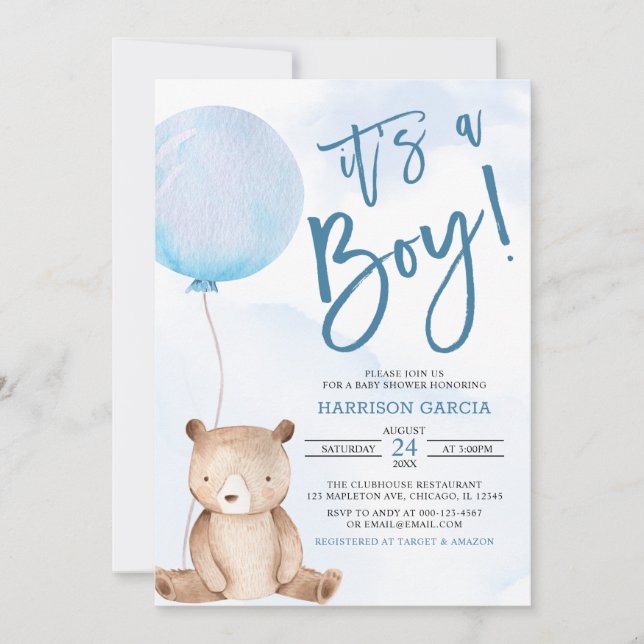 It's A Boy Teddy Bear Blue Balloon Baby Shower Invitation (Front)