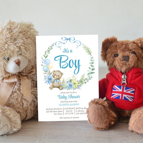 Its a boy teddy bear floral arch baby shower invitation