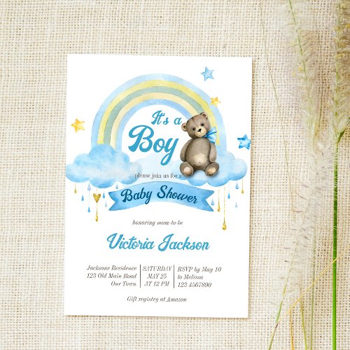 Its a boy teddy bear rainbow clouds baby shower invitation