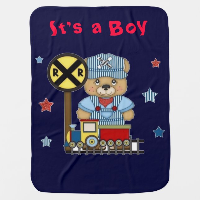 It's a Boy Teddy Bear Train Baby Blanket (Front)