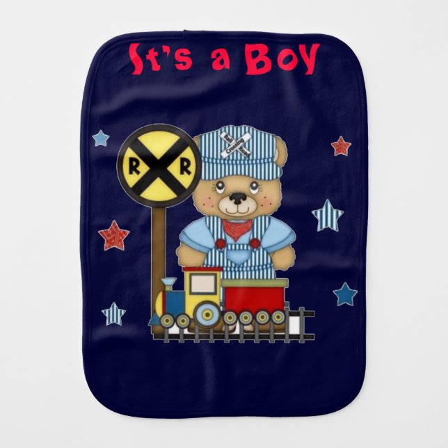 It's a Boy Teddy Bear Train Burp Cloth (Front)