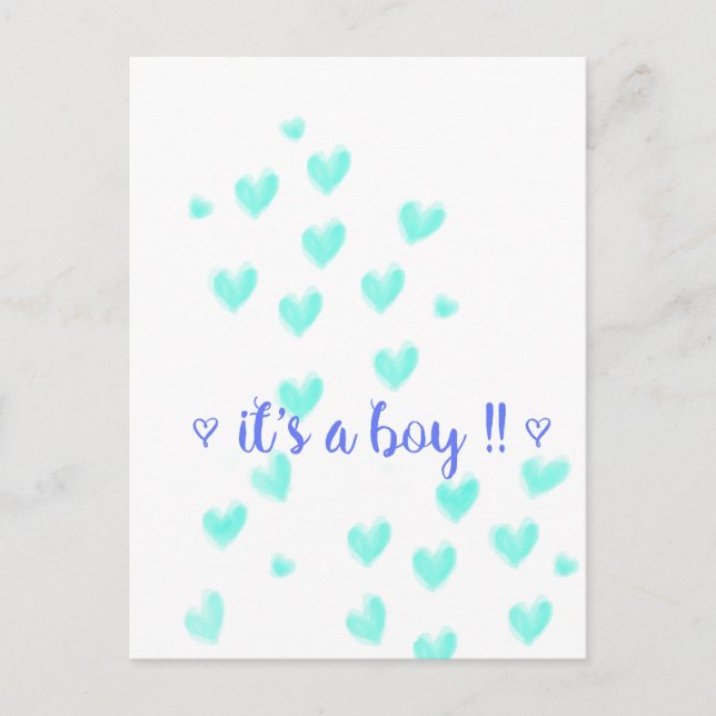IT'S A BOY - Teel & Blue watercolour hearts design Announcement Postcard (Front)