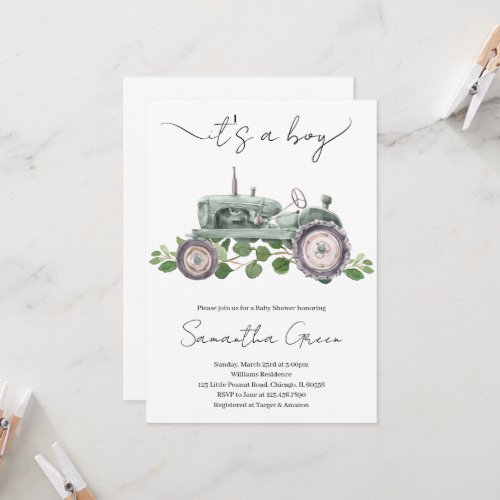 Its a Boy Tractor Baby Shower Invitation