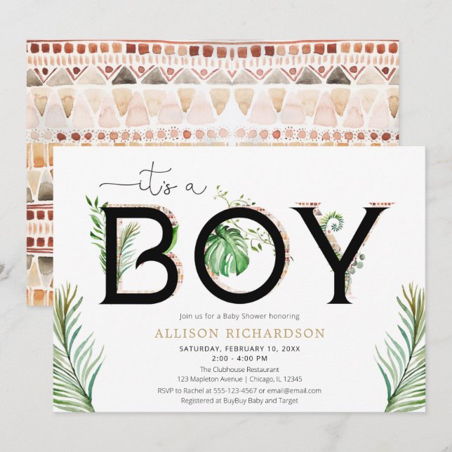 It's a boy tribal jungle greenery palm baby shower invitation (Front/Back)