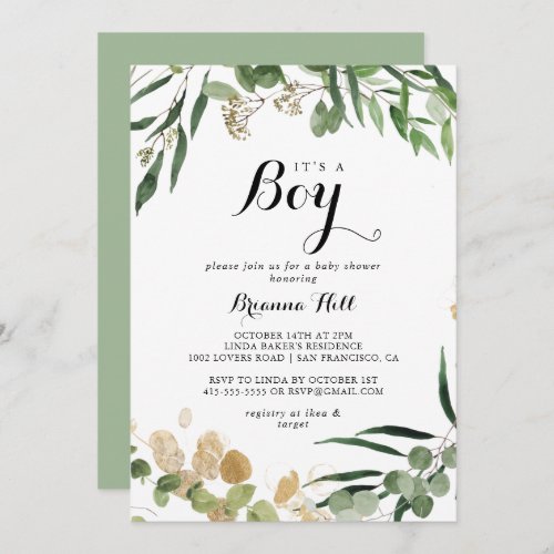  Its A Boy Tropical Gold Green Baby Shower  Invitation